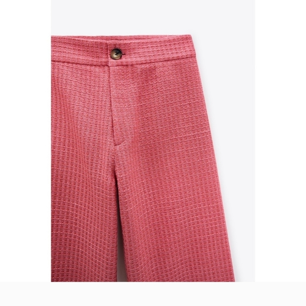 Zara Cropped Fit Tweed Textured Wide Leg Pants Pink Size Medium - Picture 6 of 10